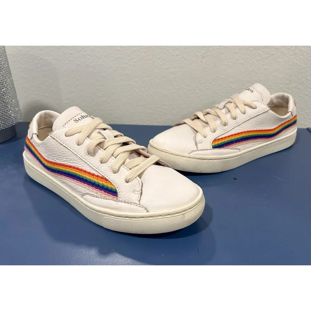 Soludos Embroidered Leather Rainbow Wave Ibiza Sneakers Womens‎ Sz 8 Sunburst